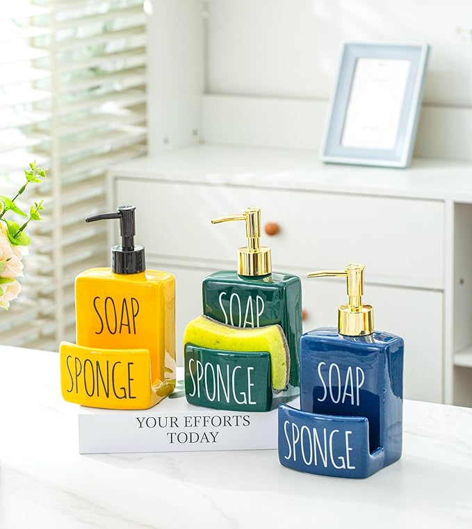 Ceramic soap Dispenser with Sponge Holder for Kitchen Sink Bathroom Counter top Storage and Organization (Green)-NeatNest