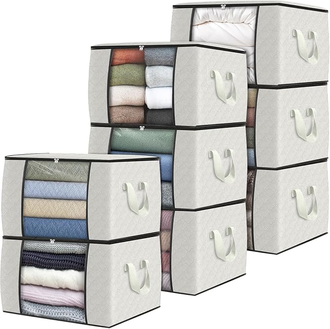 Fab totes 8 Pack Clothes Storage, Foldable Thick Fabric Blanket Storage Bags, Containers for Organizing Bedroom, Closet, Clothing, Comforter,Organization with Handle,Ivory White-NeatNest