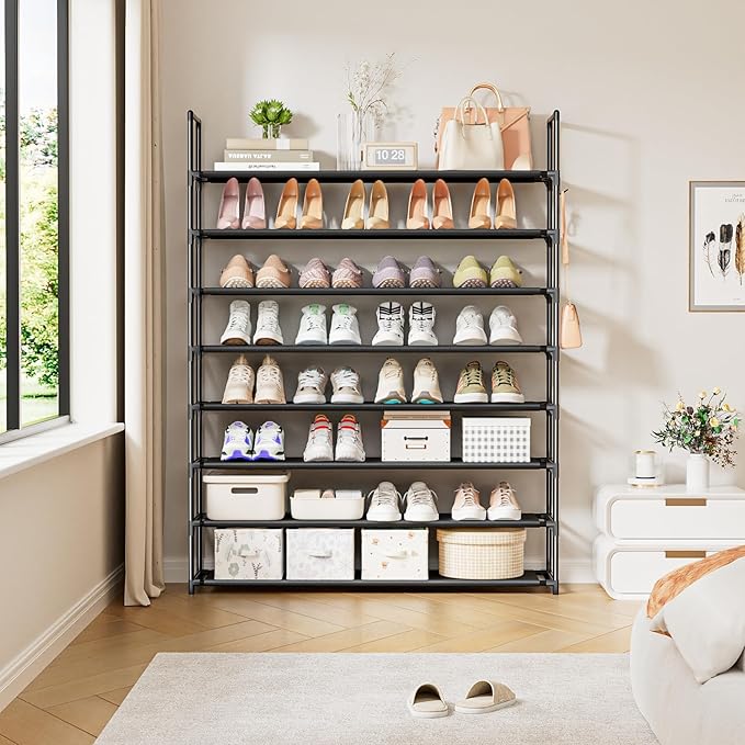 8 Tier Shoe Organizer, 33.3in Wide x 11.2in Deep x 55.7in Tall, Black Metal and Plastic Shoe Rack, Holds up to 32-40 Pairs of Shoes-NeatNest