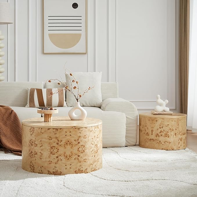 Nesting Coffee Table Set of 2 with Storage,Modern Round Burl Wood Veneer Circle Accent Side Tables for Living Room,Small Space,Bedroom,Balcony,Office,Brown(27.56"+19.69")