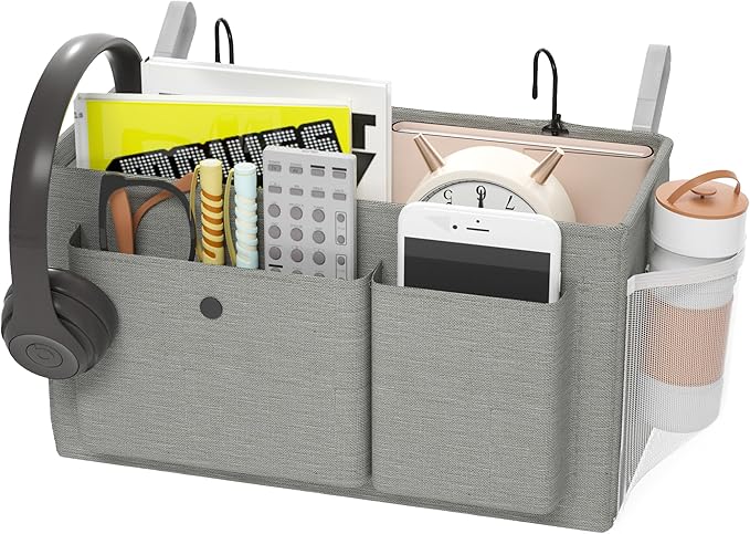 Bedside Caddy Bedside Organizer with Fixed Straps & Water Bottle Holder, Bunk Bed Caddy ideal for Home, Dorm, Hospital, Crib, Versatile Bedside Storage Solution (Grey)-NeatNest