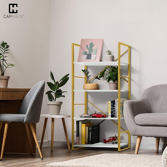 CAPHAUS 4 Tier Bookshelf, Bookcase Shelf Storage Organizer, Living Room, Kitchen, 24 Inch Width Free Standing Shelf, Industrial Book Shelves for Home Office, White Wooden Shelves & Gold Frame-NeatNest