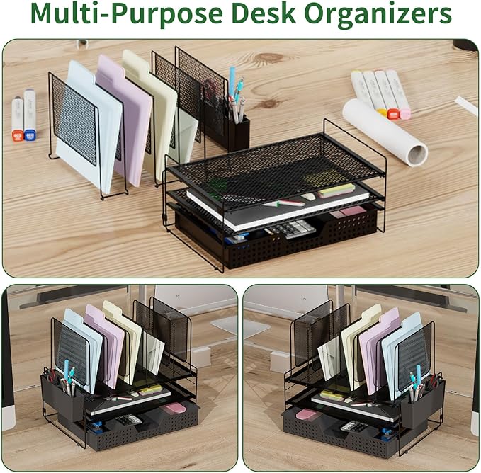 Desk Organizer, Office Organization with Vertical File Holder, File Organizer with Drawer and Pen Holder, Desk Accessories and Workspace Organizers for Home Office (Black)-NeatNest