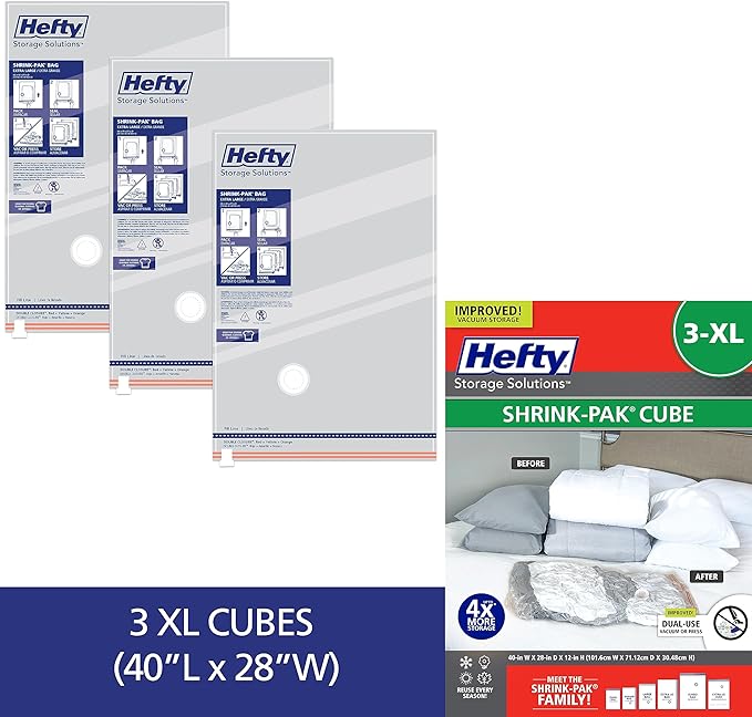Hefty Shrink-Pak Vacuum Storage Bags - Space Saver for Under Bed Storage, Clothing and Comforters, Odor Resistant, 3X More Storage Space - 3 XL Cubes Bags-NeatNest