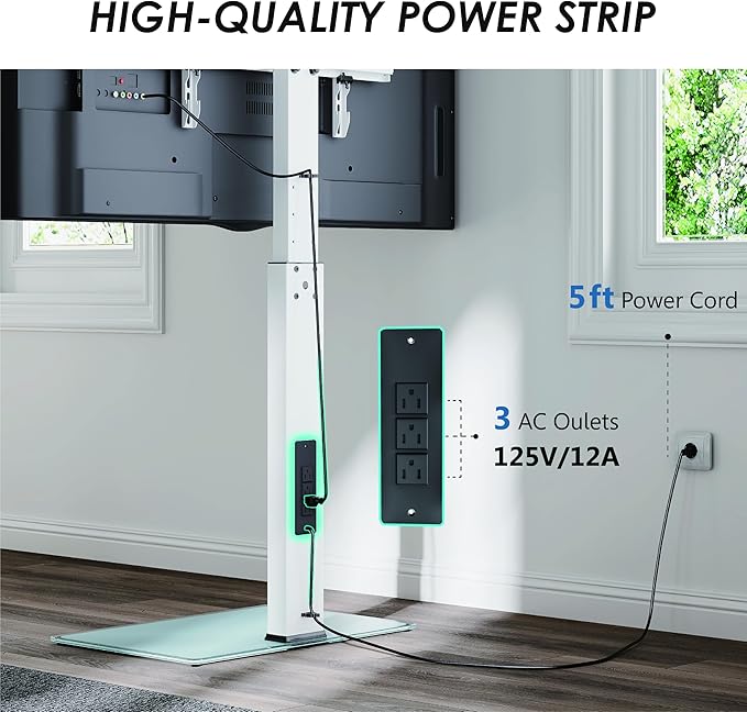 FITUEYES Floor TV Stand for 32-75 inch TV with Power Outlet, Tall TV Stand for Bedroom Living Room with Tempered Glass Base, Floor TV Mount Holds Up to 88lbs MAX VESA 600x400mm,Black-NeatNest