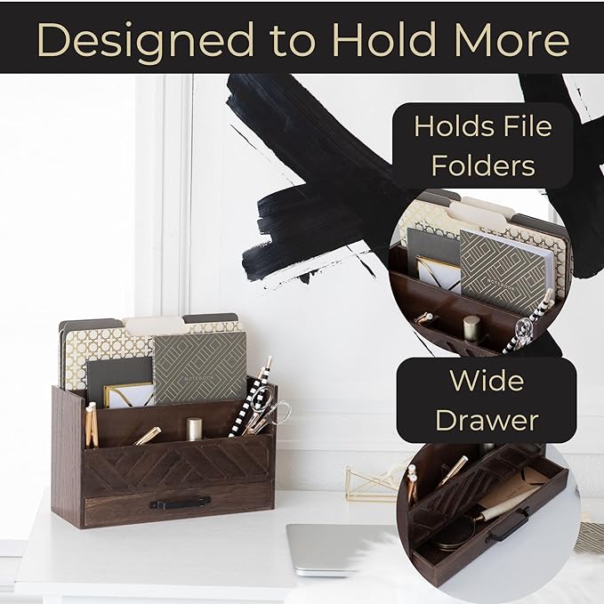 BLU MONACO Mail Organizer for Desk – Brown Wooden Mail Sorter with Drawer and 6 Compartments – Rustic Letter Organizer with Black Handle – Desktop File Holder for Home Office, Entryway, or Kitchen-NeatNest