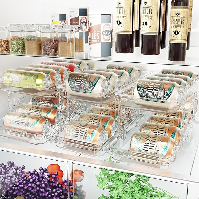 Drink Organizer for Fridge Soda Holder for Refrigerator Can Dispenser,Adjustable Width Can Holders for Fridge Suitable for Storage Cabinet and Pantry Clear (2 Pack)