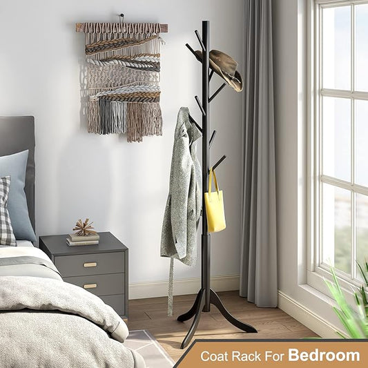Coat Rack Freestanding, Coat Stands Entryway, Bamboo Coat Rack Hat Hanger 8 Hook for Jacket, Purse, Scarf Rack, Umbrella Tree Stand (Black)-NeatNest