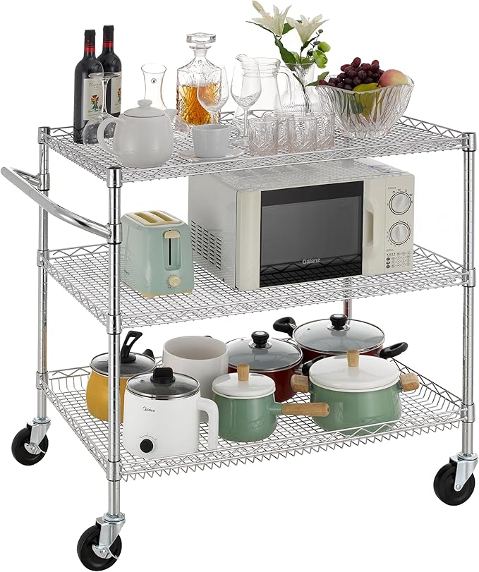 Finnhomy 3 Tier Heavy Duty Commercial Grade Utility Cart, Wire Rolling Cart with Handle Bar, Steel Service Cart with Wheels, Kitchen Carts on Wheels, Metal Cart Shelf Size 24" D x 36" W, NSF, Chrome