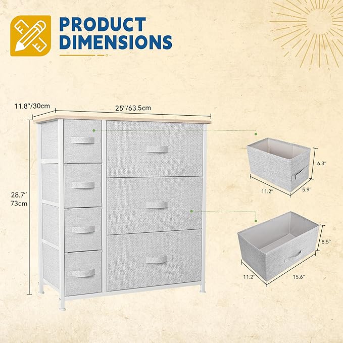 DWVO Dresser for Bedroom, 7 Drawers Fabric Dresser, Organizer Unit for Living Room, Hallway, Closets - Sturdy Steel Frame, Wooden Top & Easy Pull Fabric Bins, Light Gray-NeatNest