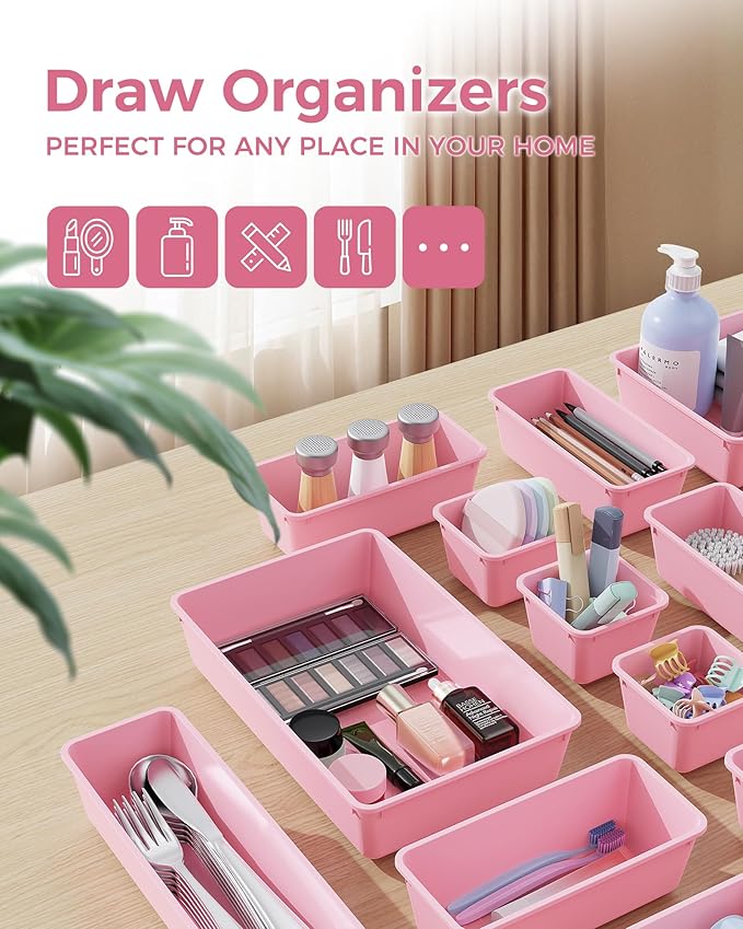 25 PCS Plastic Drawer Organizers Set, 4-Sizes Vanity and Makeup Organizer, Desk and bathroom Drawer Organizer Trays, Organizers and Storage for Makeup, Jewelry, Gadgets, Utensils (Pink)-NeatNest