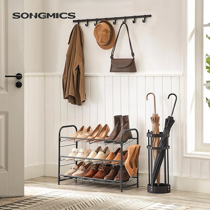 SONGMICS Shoe Rack, 3 Tier Shoe Organizer for Closet, Holds up to 12 Pairs of Shoes, Shoe Rack for Front Door Entrance, Metal Shoe Shelf with Adjustable Tilt Angle, for Entryway, Garage, Black-NeatNest