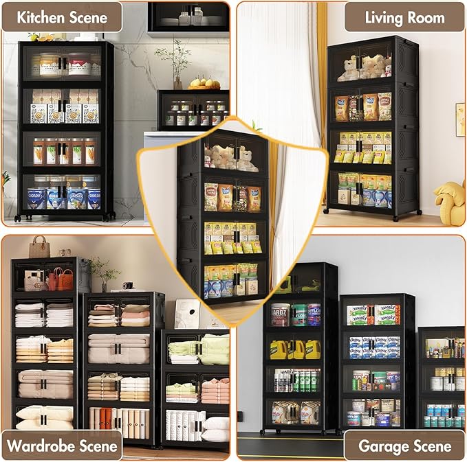 120GAL Stackable Storage Bins with Wheels and Lids, Collapsible Closet Organizers and Storage, Home Organization and Storage Cabinet, Plastic Clothes Storage Box Shelf, Black