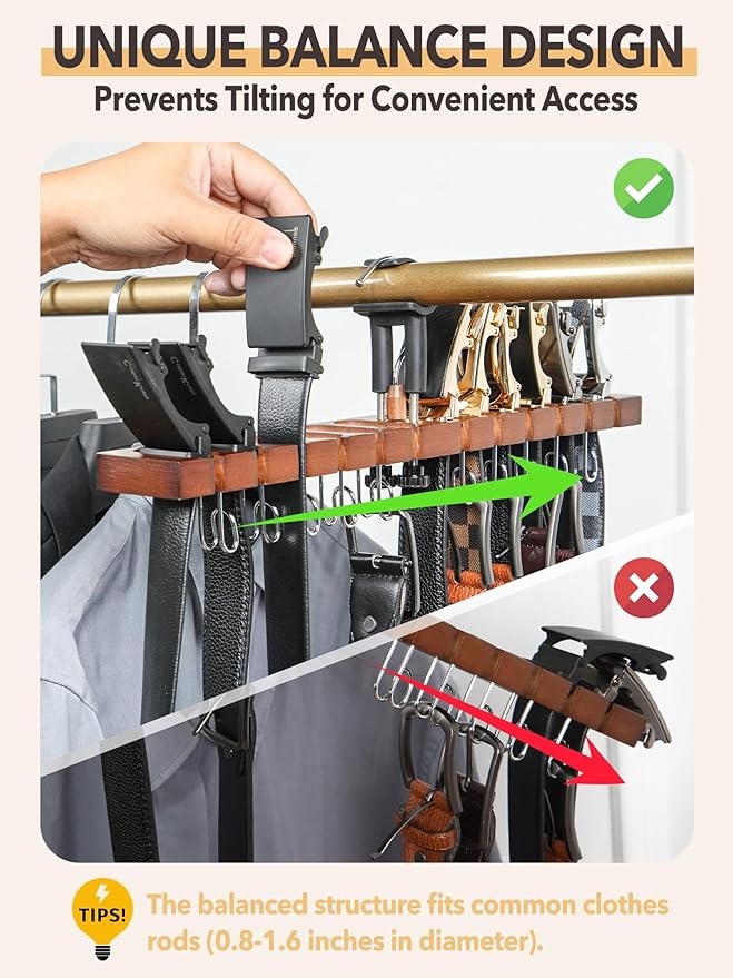Belt Hanger for Closet, Innovative Design to Prevent Tipping/Alder Wood/ 12 Slots + 10 Hooks, Belt Rack, Versatile Belt Organizer (Brown)-NeatNest