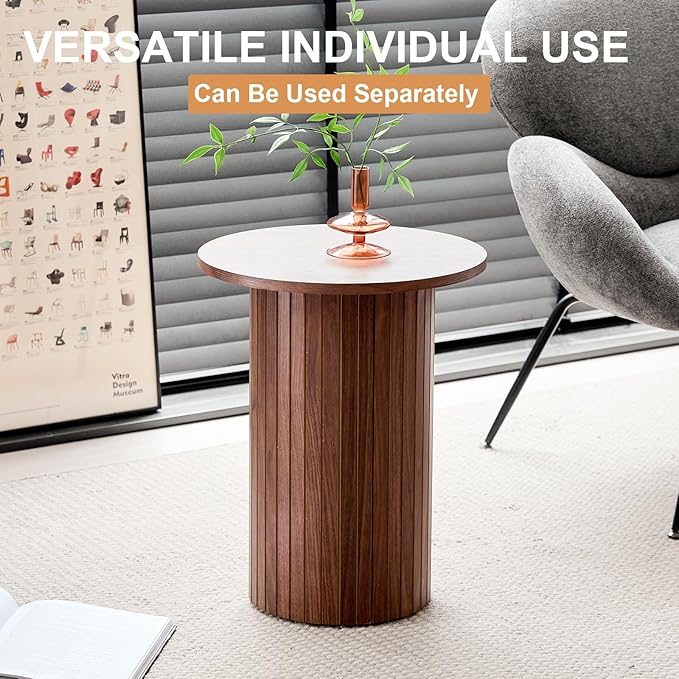 Round Nesting Coffee Tables Set of 2 -φ27.6 Large Short + φ15.8 Small Tall Boho Circle Side Tables with Fluted Drum Design