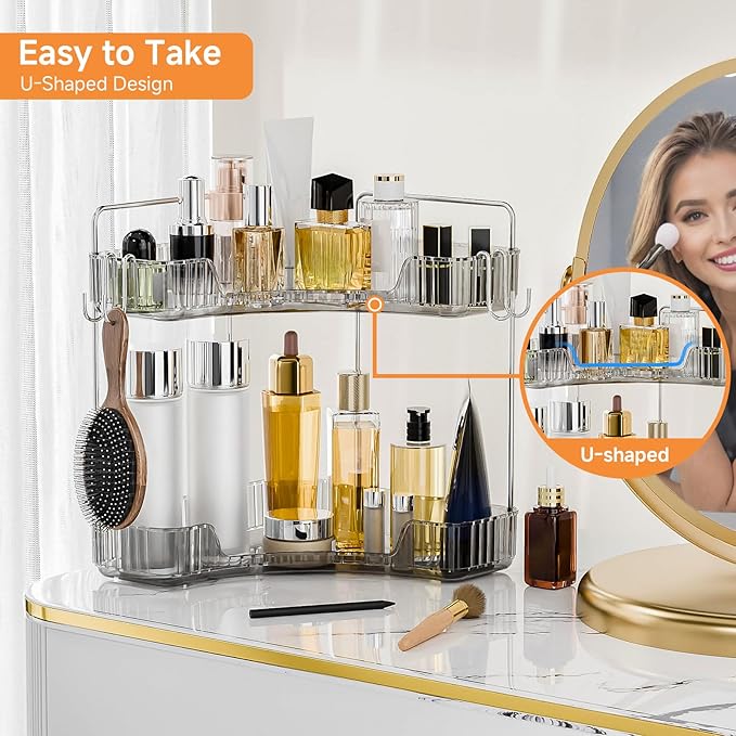 Makeup Organizer for Vanity 2 Tier Bathroom Organizers and Storage Countertop with Hooks Skin Care Exquisite Vanity Organizers Corner Bathroom Counter Storage-Cray-NeatNest