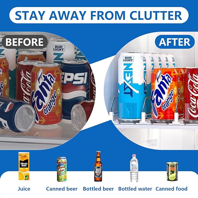 Drink Organizer for Fridge, Soda Can Organizer Dispenser for Refrigerator with Automatic Pusher Glide, Width Adjustable Clear Dividers Can Holder for 30 Cans, 15''D x19''W, 6 Rows