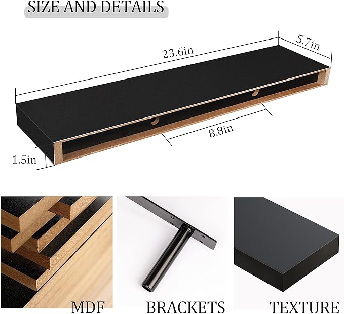 BAMEOS Floating Shelf,Wall Shelf,Decor Wall Mounted Shelves,Hanging Shelf Set L24xW6 for Bathroom Kitchen Living,Kitchen,Room Bedroom Storage,Black-NeatNest
