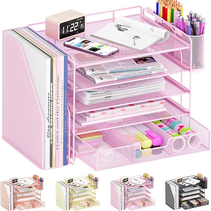 Desk Organizers and Accessories, 5-Tier Paper File Organizer with Drawer & Pen Holder, Office Desk Accessories Workspace Desktop Organizer for Office Supplies((Pink)-NeatNest