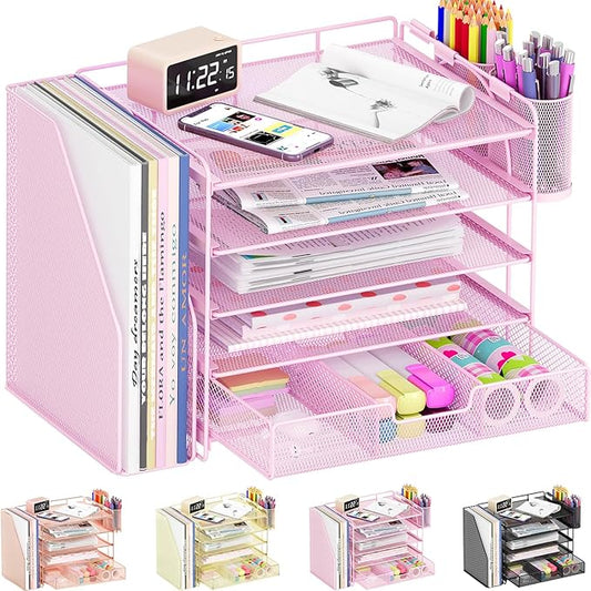 Desk Organizers and Accessories, 5-Tier Paper File Organizer with Drawer & Pen Holder, Office Desk Accessories Workspace Desktop Organizer for Office Supplies((Pink)-NeatNest
