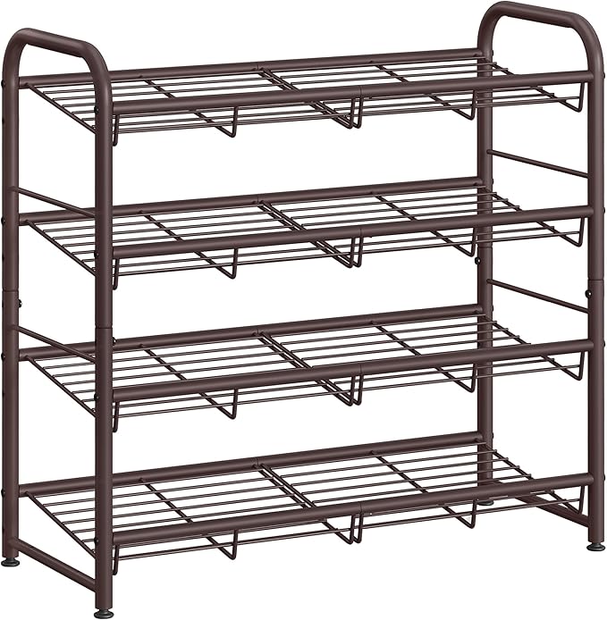 SONGMICS Stackable Shoe Rack, 4 Tier Metal Shoes Rack Storage Shelf, Holds up to 20 Pairs Shoes, Adjustable Slanted Shelves Tower Organizer for Closet Entryway Small Spaces, Bronze-NeatNest