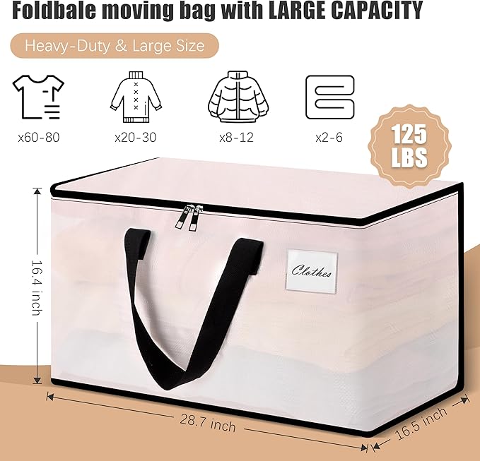 Heavy Duty Moving Bags - Extra Large Packing Bags and Storage Totes, Collapsible and Foldable Option for Moving and Storage, Multicolored, 125 L - 6 Pack
