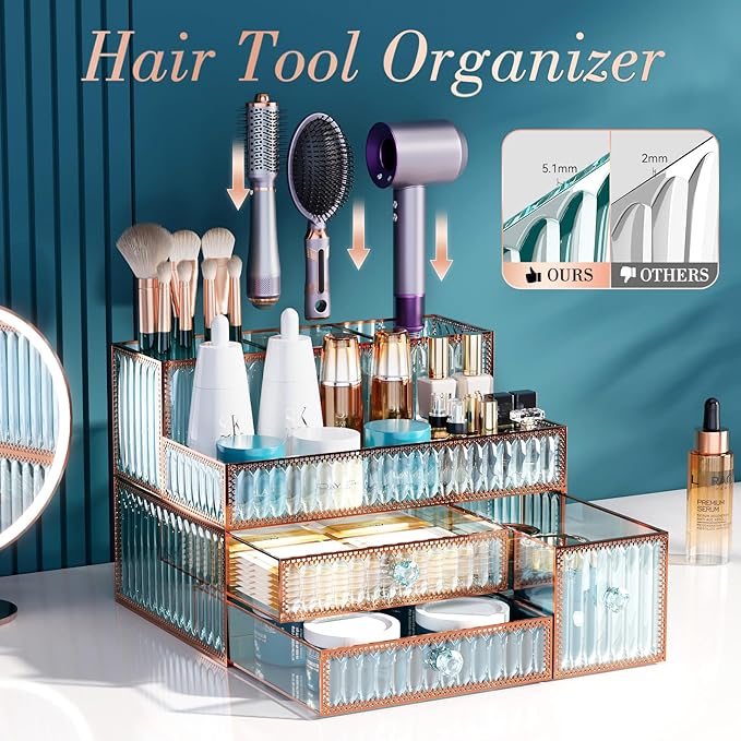 Makeup Organizer Countertop - Tempered Glass Vanity Organizer for Cosmetics, Skincare, Hair Tools, Brushes, Perfume - Multipurpose Bathroom Counter Skincare Organizer