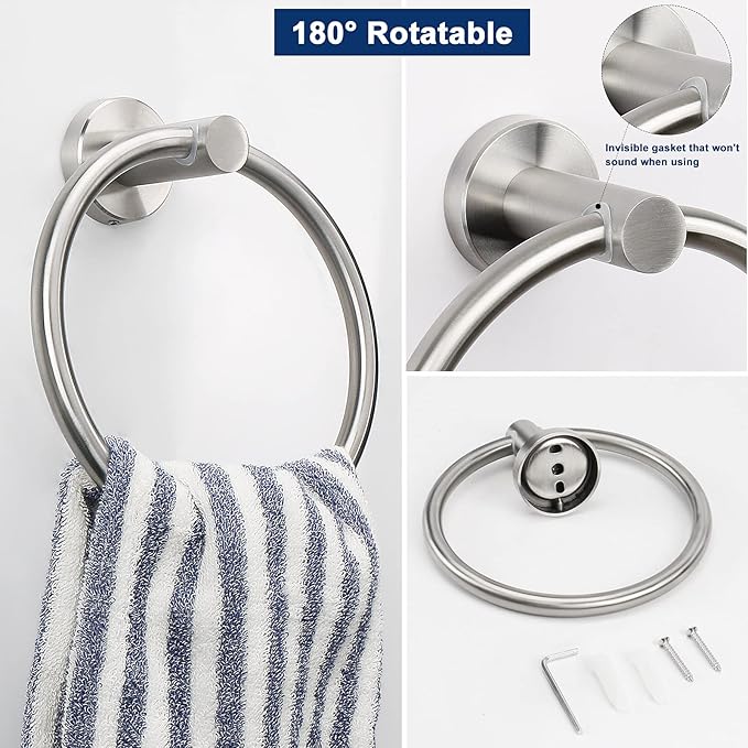 Bathroom Hardware Set 2 Pieces Towel Ring and Toilet Paper Holder 304 Stainless Steel Hand Towel Holder and Towel Hanger Wall Mounted (Brushed Nickel)