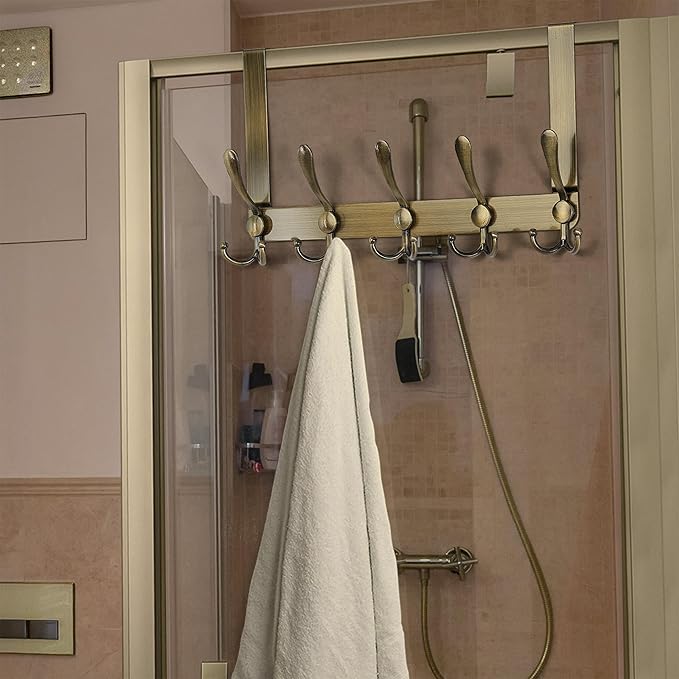 Dseap Over The Door Hook Hanger - 5 Tri Hooks, Heavy Duty Over The Door Towel Rack Coat Rack for Clothes Hat Towel, Bronze, 2 Packs