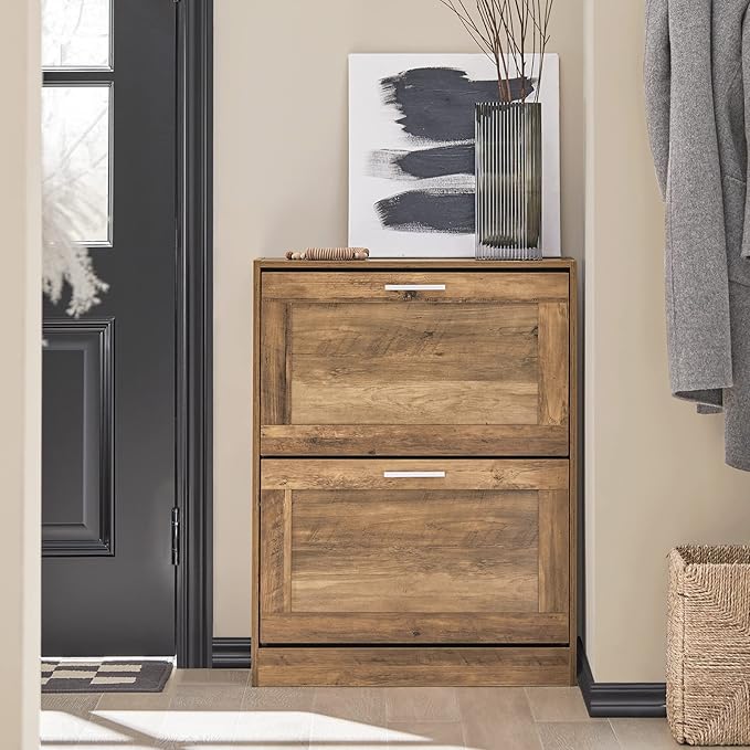 Haotian Small Shoe Storage Cabinet Entryway, Slim Shoe Rack for Small Space 2 Flip-Drawers, Shoe Organizer for Hallway Brown FSR137-F-NeatNest