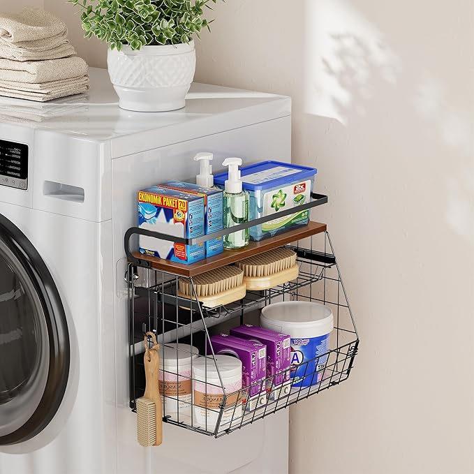 Delamu Magnetic Shelf for Fridge with Wood Lid, 3 Tier Pull Out Fruit Potato and Onion Storage Bins, Magnetic Spice Rack Organizer for Refrigerator, Cabinet, Kitchen Counter, Laundry (1 Pack)-NeatNest