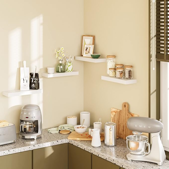 BAMEOS Floating Shelves, White Wall Mounted Wooden Shelves with Invisible Brackets Set of 2, Hanging Wall Shelves Decoration for Bedroom, Bathroom, Living Room and Kitchen-NeatNest