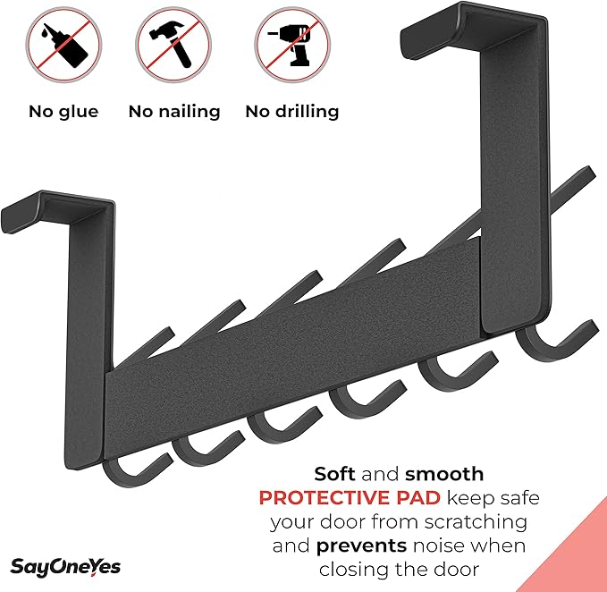 Matte Black Over The Door Hooks – Heavy Duty Stainless Steel Door Hanger with 6 Double Hooks for Hanging Towels, Coats, Robes, Hats, Bags – No Drill Over Door Towel Rack for Bathroom & Bedroom, 2 Pack