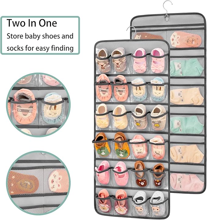 Dual-sided Hanging Baby Shoes Organizer Closet Toddler Shoe Storage Holder for Kids Bow Socks Underwear (GREY)-NeatNest