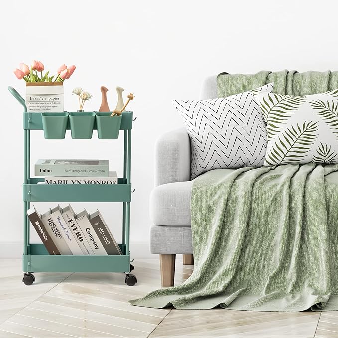 danpinera Storage Cart on Wheels, 3 Tier Bathroom Cart Organizer Slim Laundry Narrow Shelf with Wheels Dividers Hanging Cups Hooks Handle Easy Assembly, Green