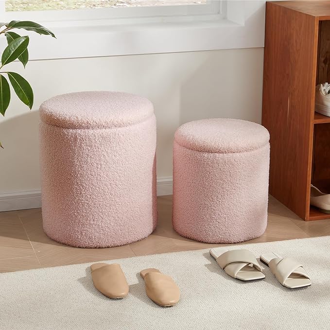 Boucle Round Ottoman with Storage Set of 2,Small Foot Stool Ottoman for Living Room, Small Coffee Table,Vanity Stool with Storage for Bedroom, Pink-NeatNest