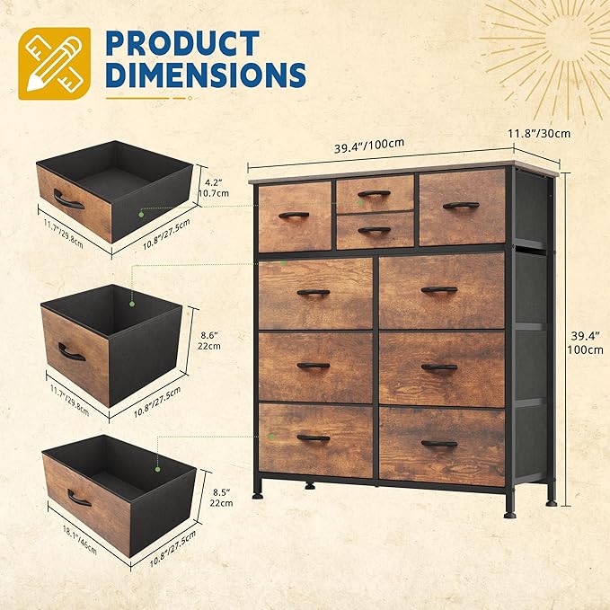 DWVO Dresser with 10 Drawers - Fabric Storage Tower, Organizer Unit for Living Room, Hallway - Sturdy Steel Frame, Wooden Top & Easy Pull Fabric Bins-NeatNest