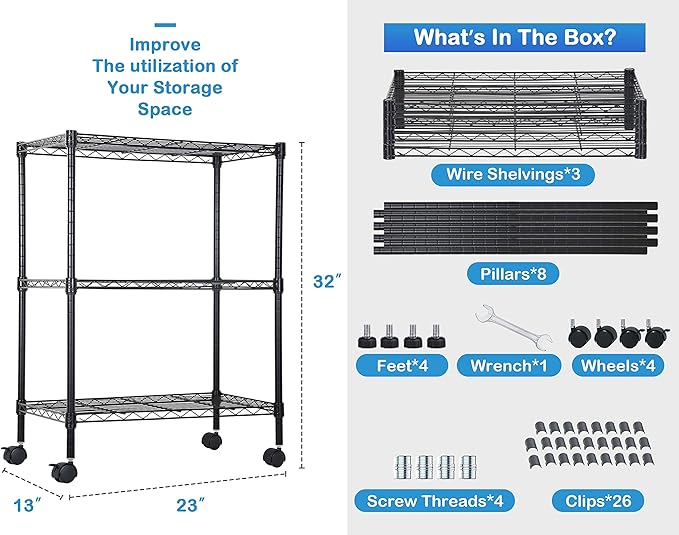 3 Tier Shelf Organizer Kitchen Shelving Bathroom Organizer Metal Wire Shelving Unit Height Adjustable, Bathroom Storage Shelves Laundry Room Storage Shelves, 23x13x32 in, 450 Lbs Capacity