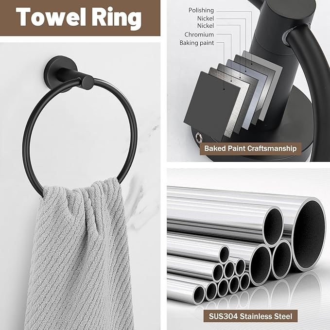 6 Pieces Matte Black Towel Bar Set Bathroom Hardware Set, 23.6Inch Towel Holder Set Towel Racks for Bathroom, SUS304 Stainless Steel Bathroom Accessory Set