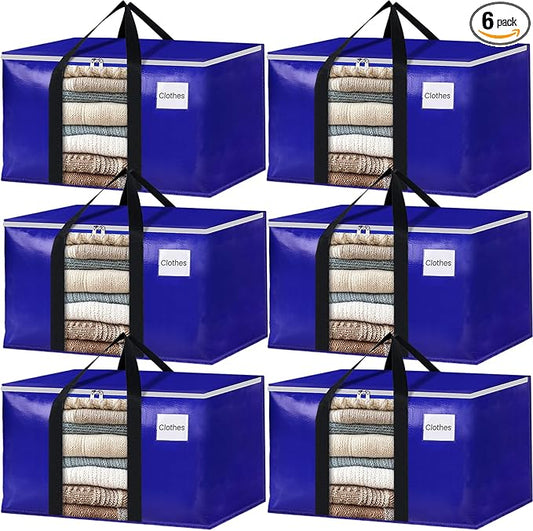 BlissTotes 6 Pack Moving Bags with Clear Window, Storage Bags with Strong Carrying Handles & Zippers,Large Packing Bags for Saving Space, Alternative to Moving Boxes(Blue,20 Gallon)-NeatNest