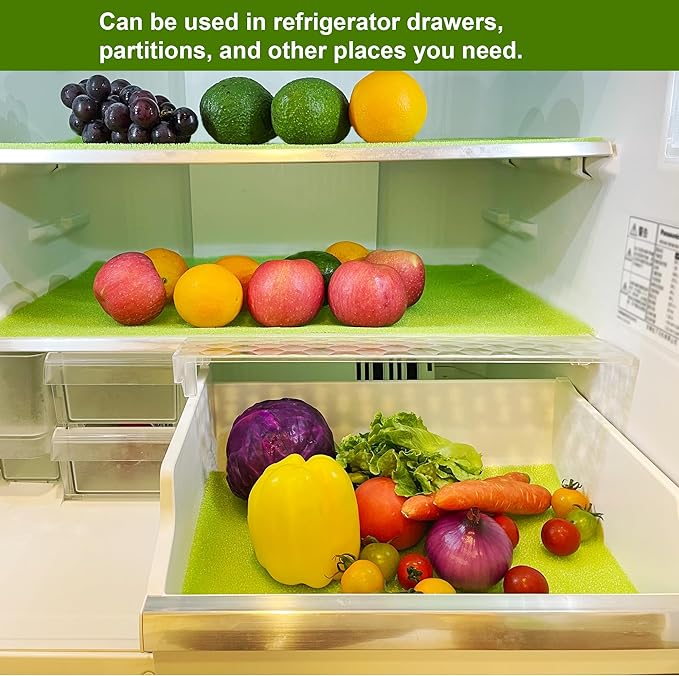 12-Pack Vegetable and Fruit Life Extender Fridge Shelf Sponge Liner, 12"x15" Cuttable, Washable, & Reusable Refrigerator Mat, Ventilation to Keep Produce Fresh Longer Prevents Spoilage