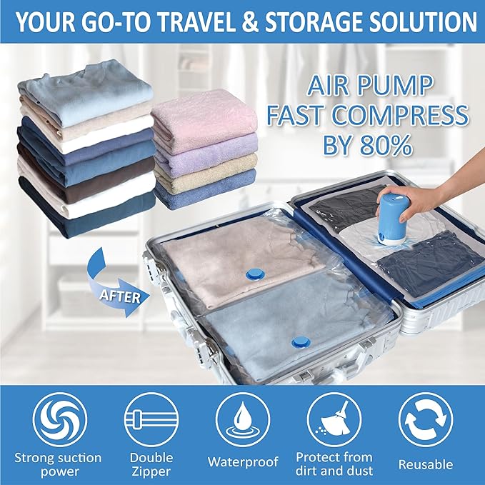 Cozy Essential Travel Vacuum Bags with Electric Pump, 10 Pack Vacuum Travel Bags for Luggage and Suitcase, Vacuum Seal Space Saver Compression for Clothes Clothing-NeatNest