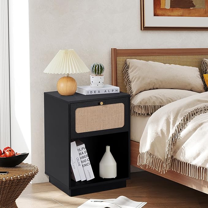Mid Century Night Stand Set of 2, Modern Nightstand with Drawer & Curved Linen Panel, Farmhouse End Table Wood Bedside Table Small Side Tables for Small Space, Bedroom (Black)