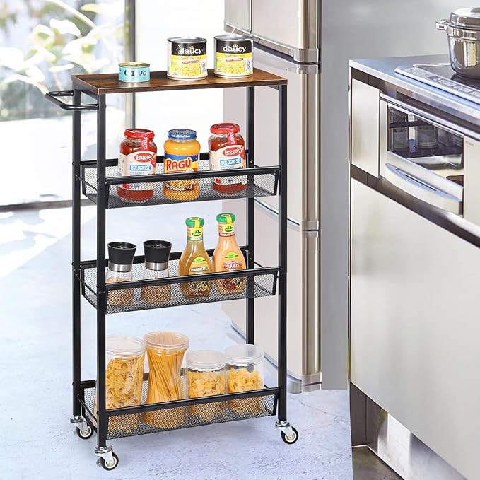 MOOACE Slim Storage Cart, 4 Tier Rolling Kitchen Shelving Unit on Wheels Mobile Narrow Cart with Wooden Tabletop for Bathroom, Laundry Narrow Places, 16.6''x 7.3''x 31.1''inch
