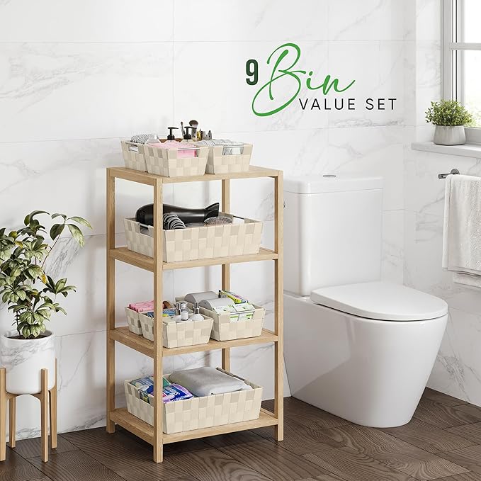 Baskets For Organizing Set Of 9 Cream - Storage Baskets For Shelves - Perfect Closet Organizer Bins, Bathroom Basket, and Pantry Basket - Small Storage Bins For Shelves - Bin For Organization-NeatNest
