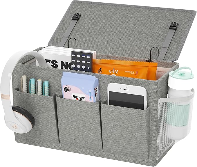 Dual-purpose Bedside Caddy Bedside Organizer, Bed Caddy with 6 Pockets, Versatile Bedside Storage Solution Magazine Remotes holder, ideal for Home, Dorm, Hospital, Crib Bed (Grey)-NeatNest