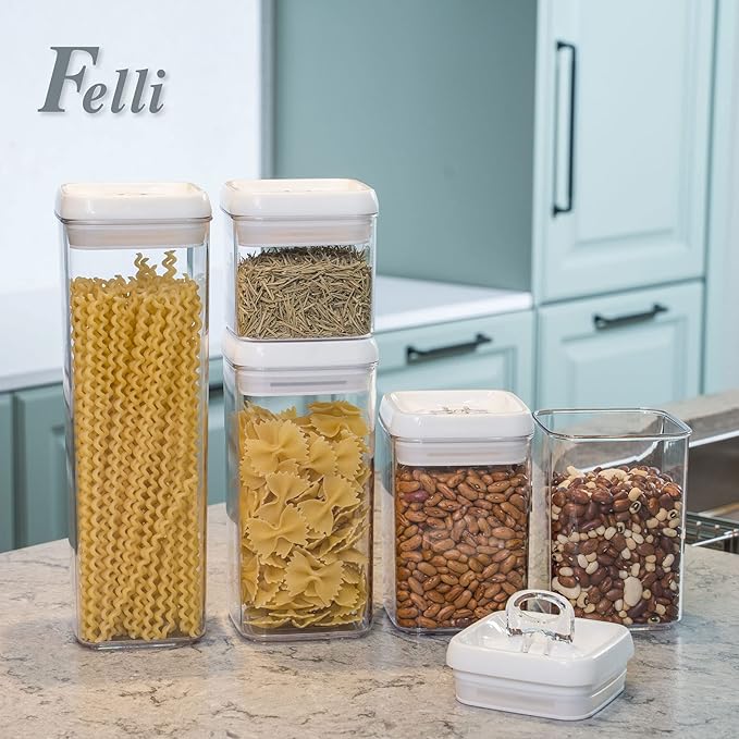 Felli Flip Tite Storage Container with Lid 4" Airtight Ring Seal Top, Stackable Acrylic Canister Jar Set for Kitchen Pantry Organizer, Food Spice Pasta Cereal Snack, Gifts for Women (5pk, Variety)-NeatNest