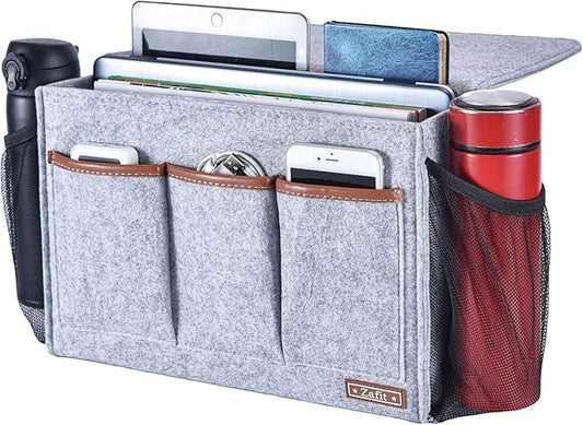 Bedside Caddy, Large Size Storage Organizer with 8 Pockets - Perfect for Magazine, Remotes, Phone (13.4'' x 18.1'', Light Grey)-NeatNest