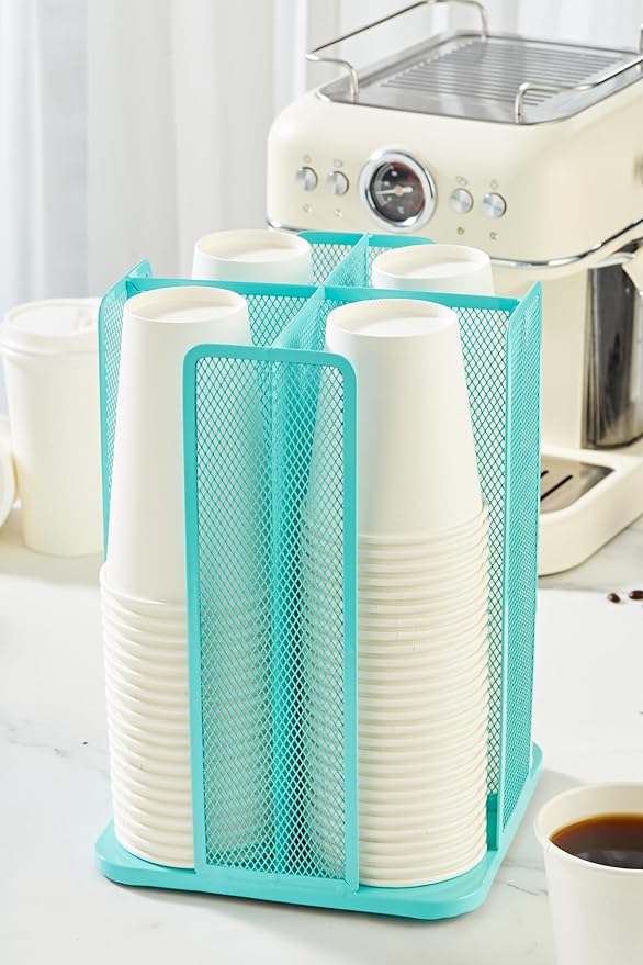 Annova Paper Cup and Lid Holder Plastic Cup Storage Organizer, 360°Rotating Coffee Cup Dispenser with 4 Compartments, Multifunctional Cup Storage Rack for Home, Office, Bar, Coffee Shop (Turquoise)-NeatNest