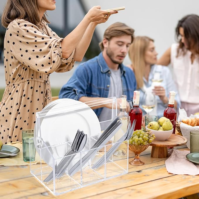 Acrylic Utensil Holder - Silverware Organizer for Kitchen, Table, Indoor Outdoor Use Space-Saving, For Buffet, Picnic Party